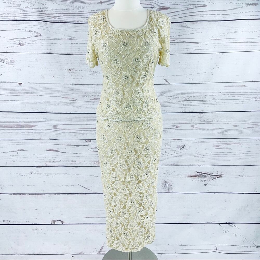 Stenay ivory beige beaded wedding formal with lace overlay D-878